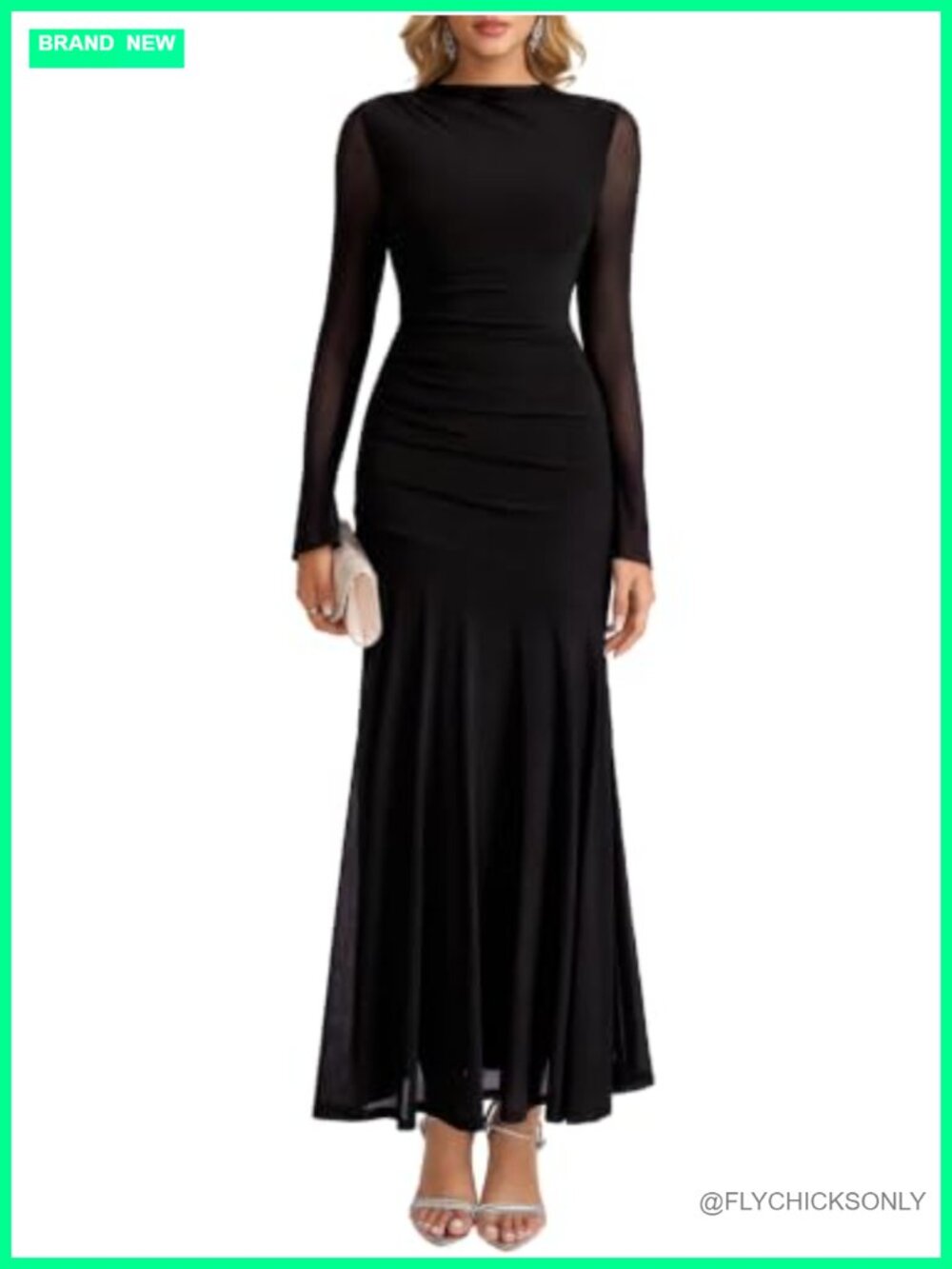 Parthea Long Sleeve Mesh Floral Bodycon Maxi Dress Wedding Guest